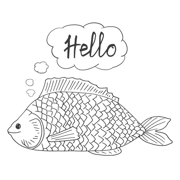 Мысленно приветствуют большую мультяшную рыбу. Черная изолированная векторная иллюстрация на белом фоне . — стоковый вектор