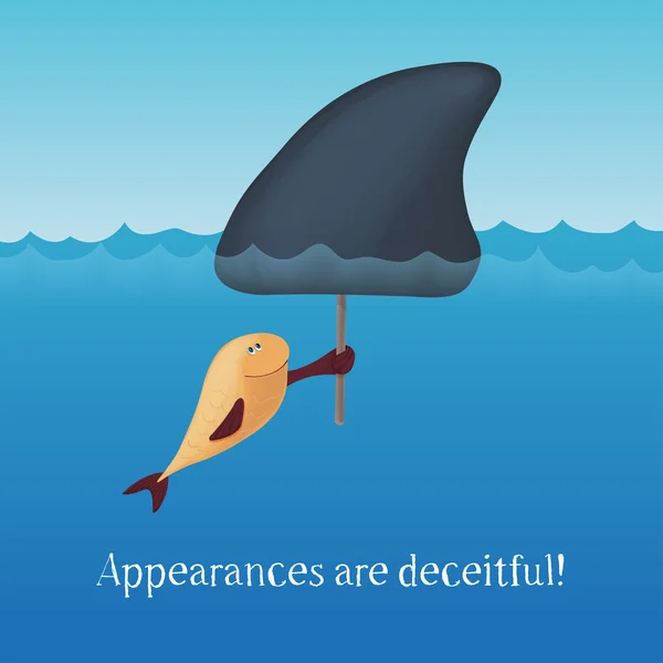 Appearances are deceitful. The little fish with a big shark fin scares everyone. Motivating card. Vector — Stock Vector