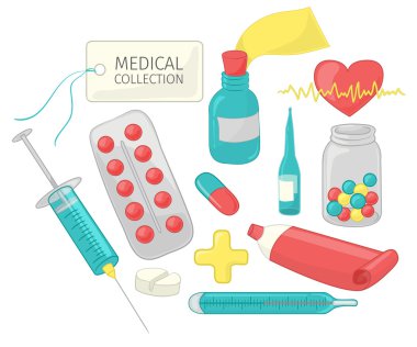 Bir karikatür tarzı tıbbi gereçlerinin kümesi. Beyaz arka plan üzerinde izole vektör çizim