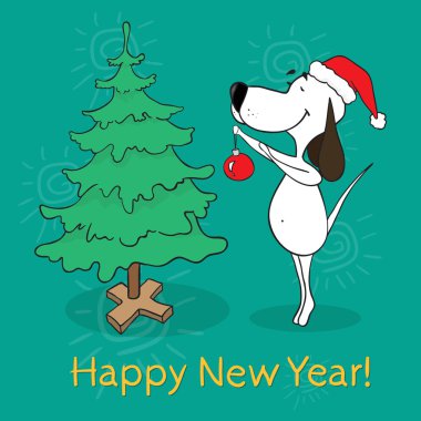 Yeni Yılınız Kutlu Olsun. Kartı illüstrasyon karikatür köpek
