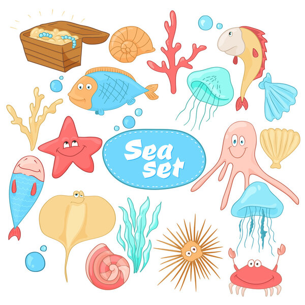 Funny cartoon sea creatures. Underwater inhabitants. Vector set
