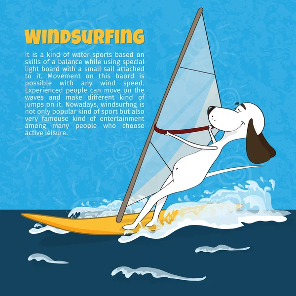 Karikatyr glad hund Rider vindsurfing. Affisch. Vektor illustration — Stock vektor