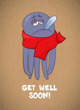 Çizgi film ahtapot hasta. Kötü his. Şifalar dileğiyle. Birim vektör çizim