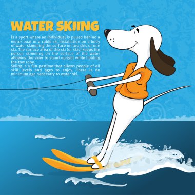 Komik karikatür köpek su kayağı. Mutlu anlar. Boş zaman. Yaz sporları. Karikatür. Vektör çizim
