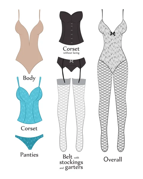 Tipos de lingerie. Ilustração vetorial. Plano — Vetor de Stock