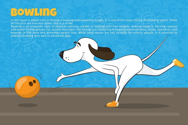 Bowling oynayan komik karikatür köpek. Spor tür. Her yaş için eğlence. Vektör çizim