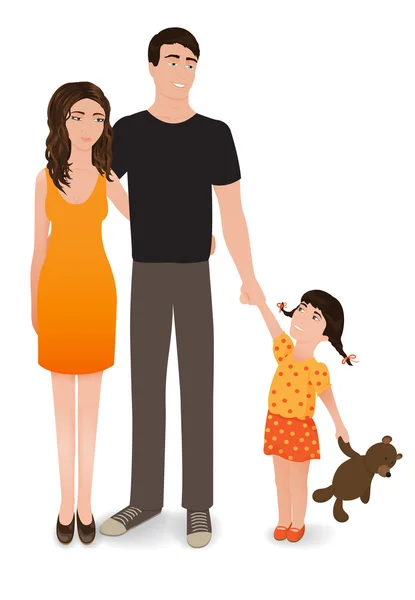 Mutlu bir aile. Beyaz bir arka plan üzerinde izole gülümseyen insanlar. Anne, baba ve kızı. Vektör gerçekçi çizim.