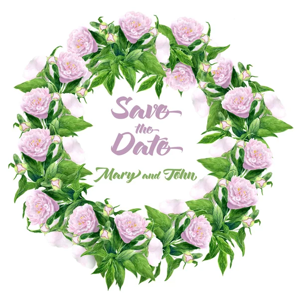 El ile çerçeve çiçek suluboya çiçek boyalı, yaprakları ve pembe renklerde şubeleri. Dekoratif çelenk kartı yapımı ve düğün davetiyesi için. Peonies