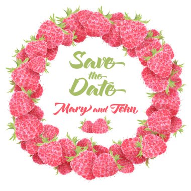 Çerçeve el ile pembe ve kırmızı tonlarında boyalı çilek ile. Ahududu. Kart yapımı ve düğün davetiyesi için dekoratif çelenk.