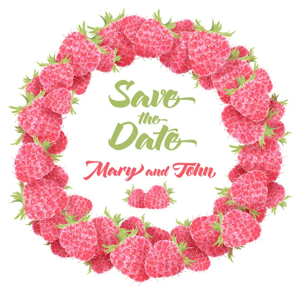 Çerçeve el ile pembe ve kırmızı tonlarında boyalı çilek ile. Ahududu. Kart yapımı ve düğün davetiyesi için dekoratif çelenk.