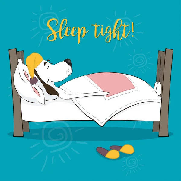 Der hübsche Animationshund schläft in einem Bett. Gute Nacht — Stockvektor