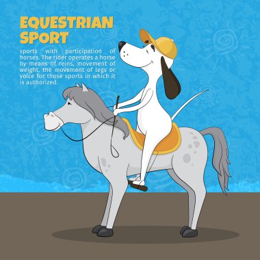 Komik animasyon köpek at üstünde oturuyor. Atlı spor. Vektör komik çizim