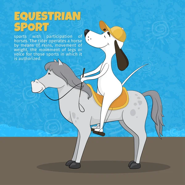 Le chien d'animation ridicule est assis sur un cheval. Sport équestre. Illustration vectorielle comique — Image vectorielle