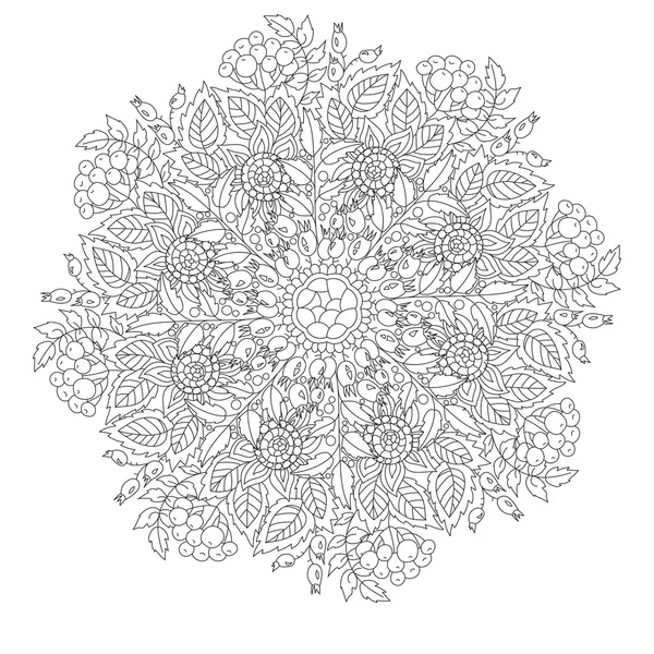 Mandala boyama kitabı öğeleri yaprakları ve meyveleri ile için anahat. Dekoratif yuvarlak süsleme. Anti-stres terapisi desen. Tasarım öğesi örgü. Oryantal vektör.