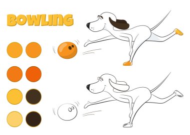 Bowling oynayan komik karikatür köpek. Spor tür. Her yaş için eğlence. Vektör çizim