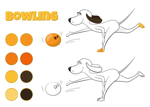 Bowling oynayan komik karikatür köpek. Spor tür. Her yaş için eğlence. Vektör çizim