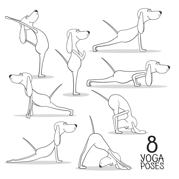 Cães dos desenhos animados mostram 8 poses de ioga. Vetor — Vetor de Stock