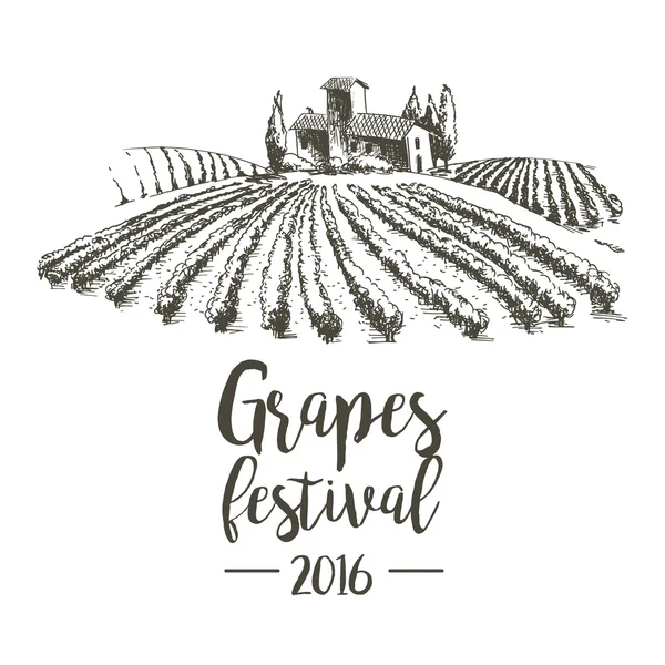 Festival du raisin. Lodge avec vignobles. Illustration pour le design . — Image vectorielle