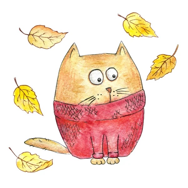 Örme kazak düşen yapraklar ile karikatür kedi. Sonbahar illüstrasyon