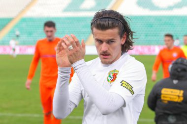 POLTAVA, UKRAINE - 6 Mart 2021: Lüksemburglu profesyonel futbolcu Olivier Thill, Vorskla - Vorskla Stadyumu 'nda FC Mariupol