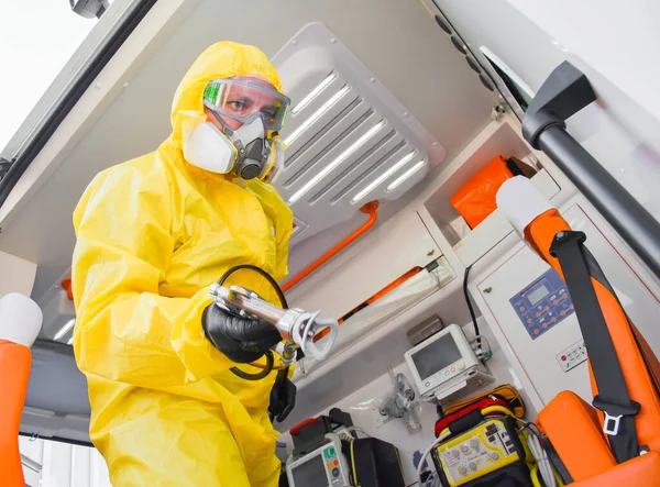 Poltava Ukraine April 2021 Doctor Protective Suit Disinfects Ambulance Coronavirus — Stock Photo, Image