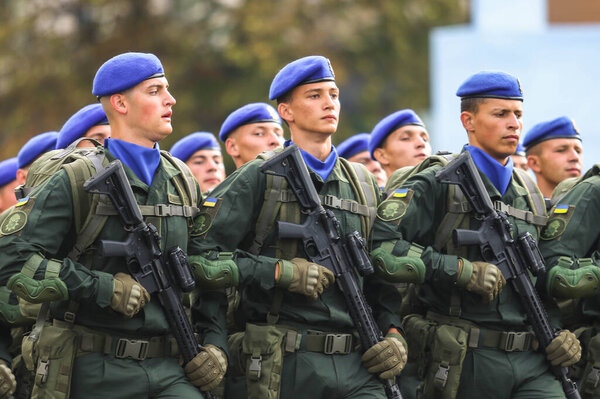 KYIV, UKRAINE - AUGUST 24, 2021: Ukrainian military during the military parade on the occasion of the 30th anniversary of Ukraine's Independence
