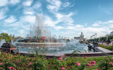 Rusya, Moskova, Eylül, 31 2020. Mavi gökyüzüne karşı çiçek tarlası ve çeşme. Ulusal VDNH ekonomisinin başarılarının sergilenmesi. Moskova.