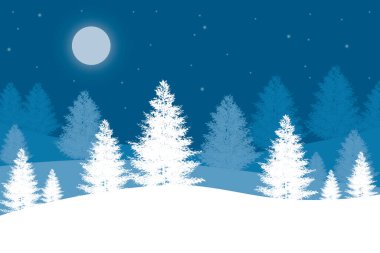 Noel arkaplanı, Noel ağaçları ve mavi arka planda dolunay.