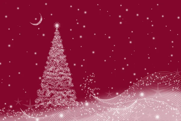 クリスマスツリーと赤の背景に三日月とクリスマスの背景 — ストック写真