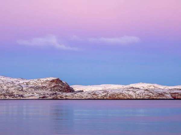 Puesta Sol Con Increíble Color Magenta Sobre Fiordo Teriberka Rusia — Foto de Stock