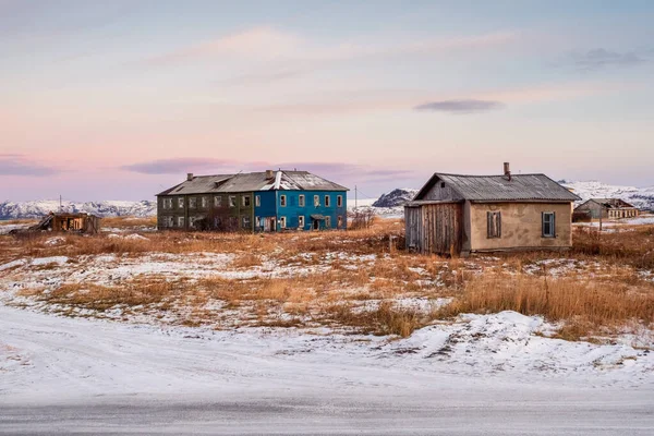 Authentique Village Russe Nord Vieilles Maisons Bois Délabrées Nature Arctique — Photo