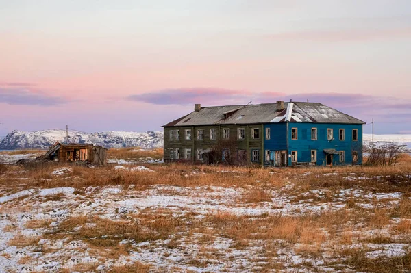 Authentique Village Russe Nord Vieilles Maisons Bois Délabrées Nature Arctique — Photo
