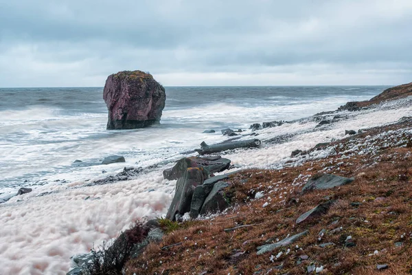 巨大的岩石从海里突现出来 浪花白沫滚在岩石海岸上 Tersky Coast Cape Ship Kola Peninsula — 图库照片