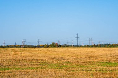 Sonbahar sahasında ufukta duran elektrik hattı ve baz istasyonlarının panoramik görüntüsü