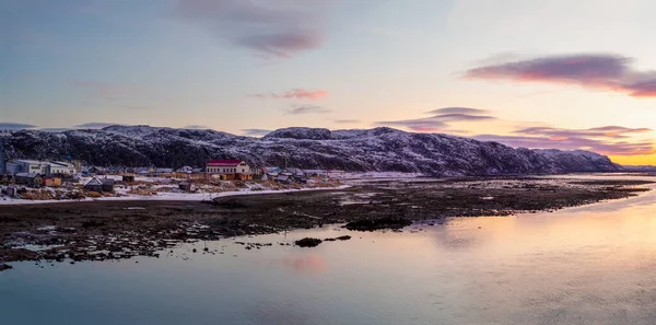 Vue Panoramique Sur Mer Marée Basse Authentique Village Nordique Teriberka — Photo