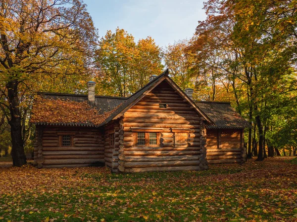 秋の森の中の古い木造ログキャビン モスクワのコロマンスコエにあるピーター1世の家 — ストック写真