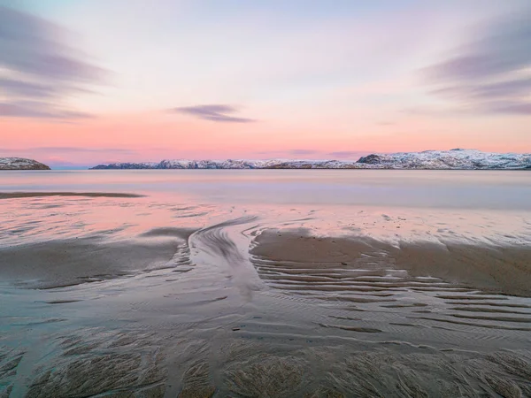 Textura Arena Playa Del Mar Marea Baja Atardecer Mar Barents — Foto de Stock