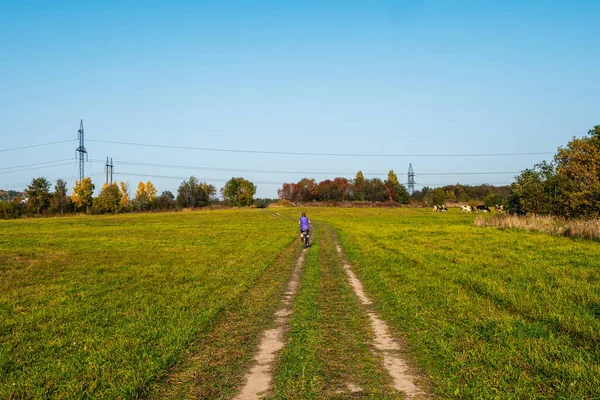 Vida Pueblo Camino Rural Través Campo Con Una Silueta Ciclista —  Fotos de Stock