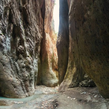 Sunlight in a mountain gorge. Karadakh gorge with sunlight in Dagestan. Square panorama.
