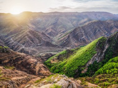 Yüksek irtifa yeşil plato ve dokulu dağlar. Dağ vadisi. Uzağa uzanan kayalık çıkıntılar.. 