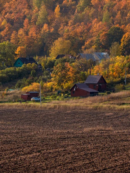 Landscape Farmland Ready Planting Village Hill Autumn Background Vertical View — Stock Photo, Image