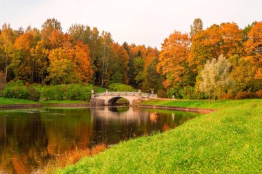 Pavlovsky Sonbahar Parkı. Yolda bir bisikletçi var. Pavlovsk 'taki Slavyanka Nehri, Saint Petersburg, Rusya