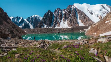 Güzel bir Mavi Dağ Gölü 'nün panoramik manzarası. Güzel turkuaz gölü olan parlak bir manzara. Yaz mevsiminde alışılmadık saydam göl.