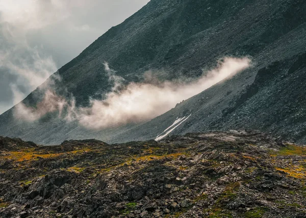 Тёмный Атмосферный Туманный Горный Ландшафт Лишайники Острых Камнях Каменное Поле — стоковое фото