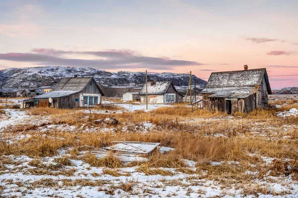Casas Abandonadas Contra Céu Ártico Antiga Aldeia Autêntica Teriberka Península — Fotografia de Stock