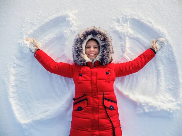Snow Angel Made Happy Woman Snow Top Flat Overhead View — Stock Photo, Image