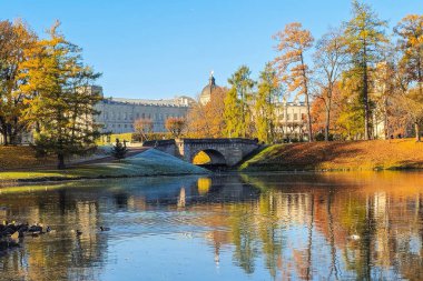 Karpin Pond ve Büyük Saray sahilde. Güzel sonbahar parkı, güneşli hava, altın akçaağaçlar. Devlet Müzesi Gatchina 'da. Güneşli sonbahar parkı manzarası