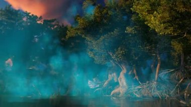 Peri ormandaki güçlü mavi sis. Dalları sayesinde sabah güneş ışınlarının sis vurdu. Eski ağaç snags ve gölet bekliyor.