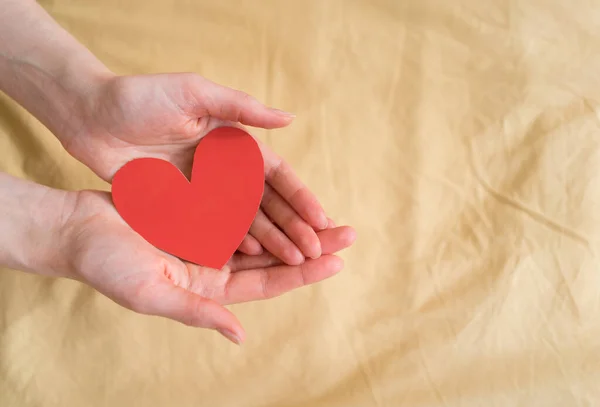 Belo papel coração-valentine em mãos abertas contra o fundo do tecido amarelo. 14 de Fevereiro — Fotografia de Stock