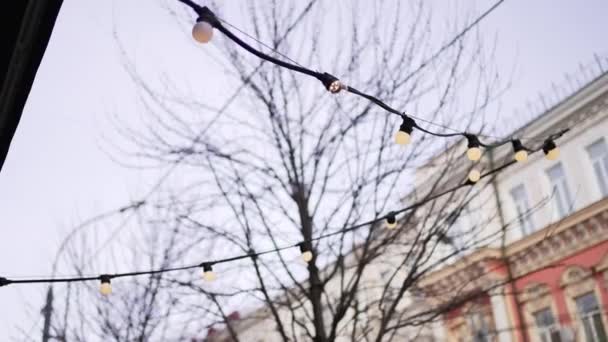 Decorative little light bulbs on the street — Stock Video